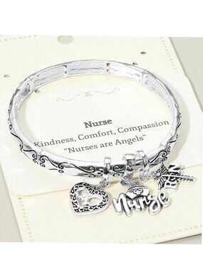 Silver Plated Nurse Themed Stretch Charm Bangle Bracelet RN Graduation Gift NEW